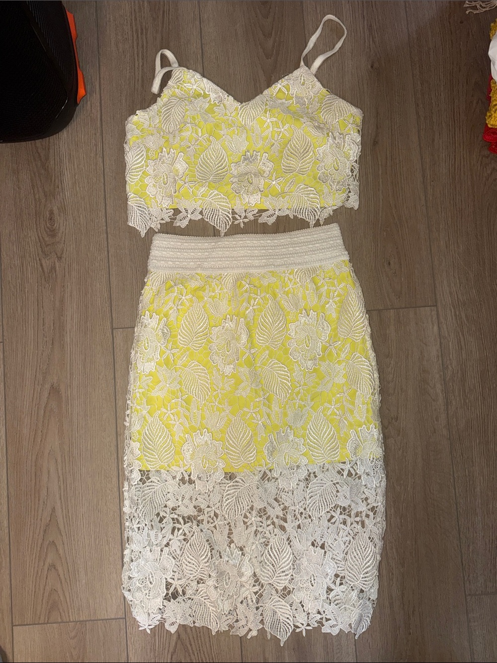 Yellow Lace Two-Piece Crop Top and Skirt Set